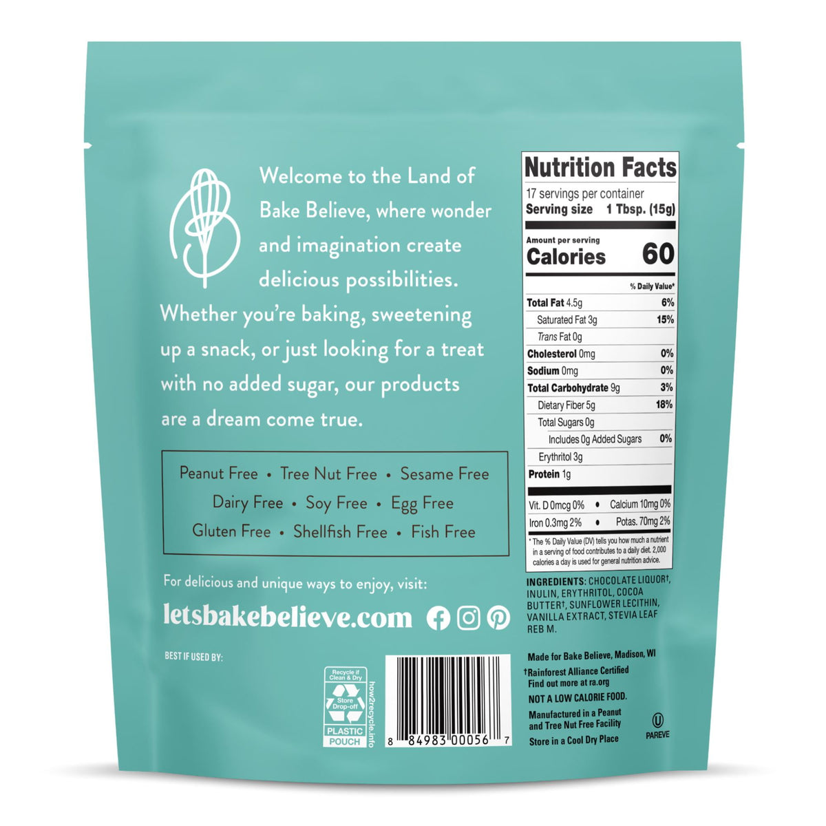 Bake Believe ,Keto-Friendly, Dark Chocolate Chips, 9 oz Bag