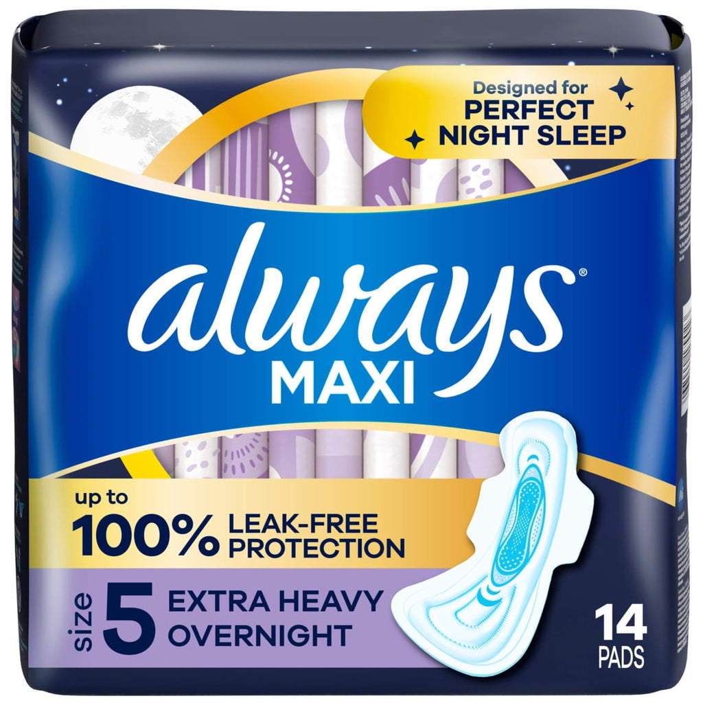 Always Maxi Pads Size 5, Extra Heavy Overnight with Wings, 14 Count