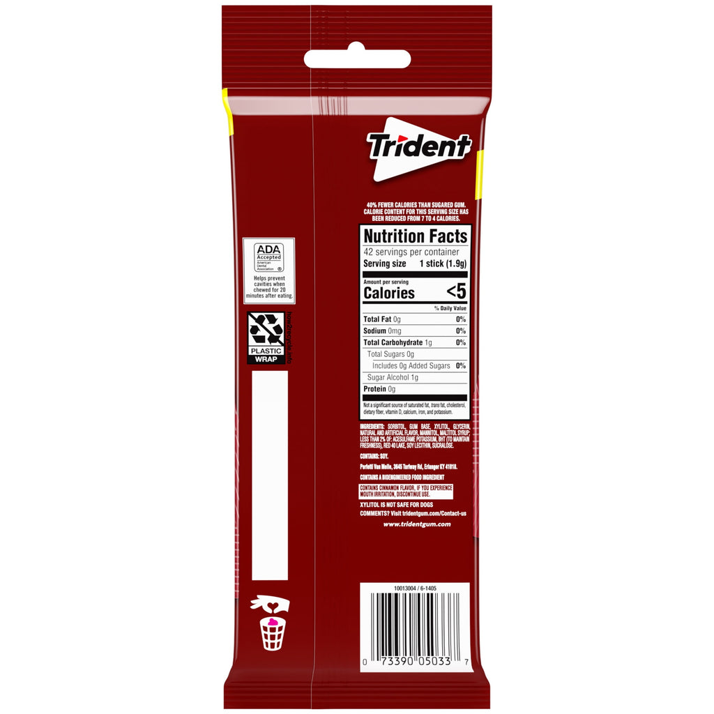Trident Sugar Free Gum, Cinnamon, 3 Packs of 14 Pieces (42 Total Pieces)