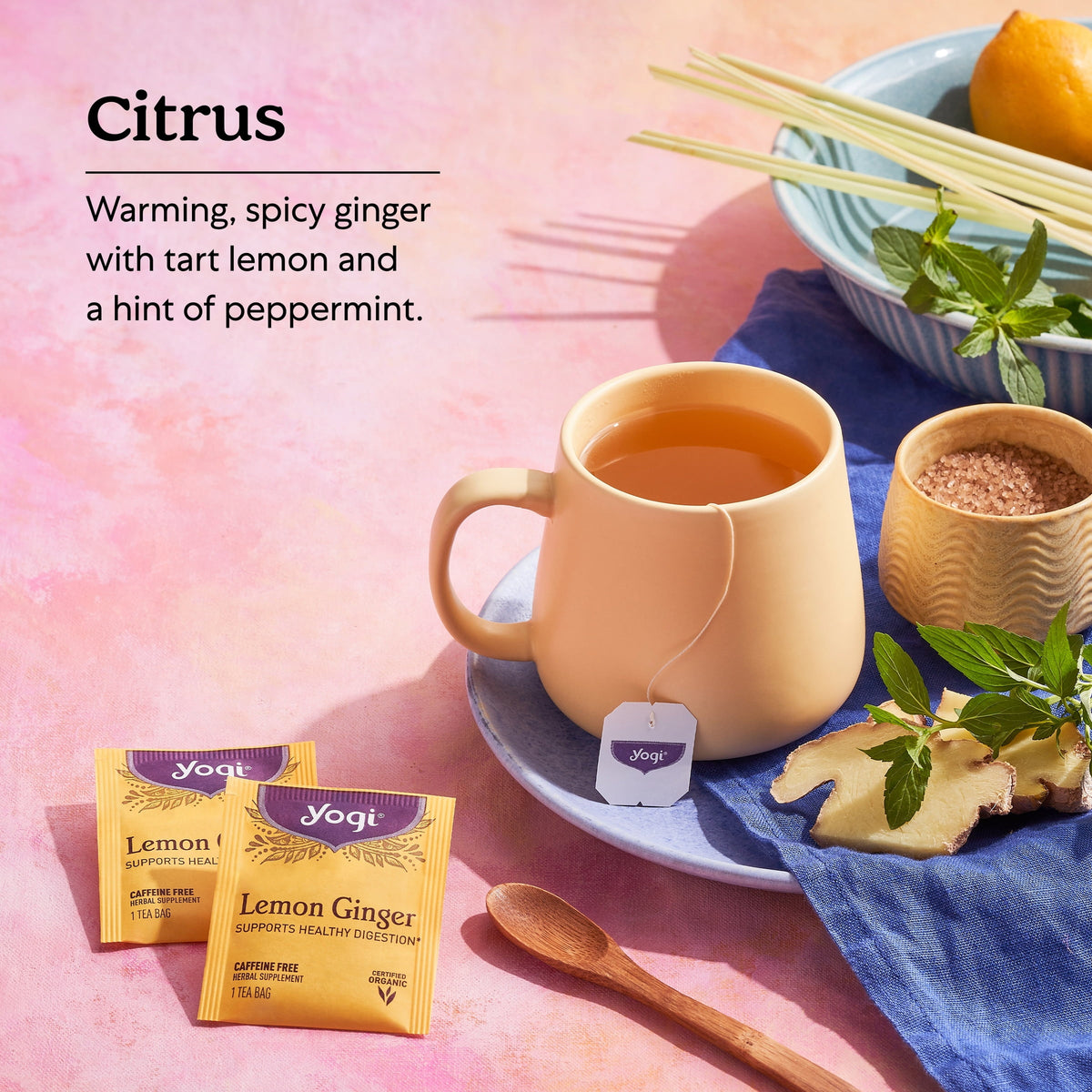Yogi Lemon Ginger, Caffeine-Free, Organic Herbal Wellness Tea Bags, 16 Count
