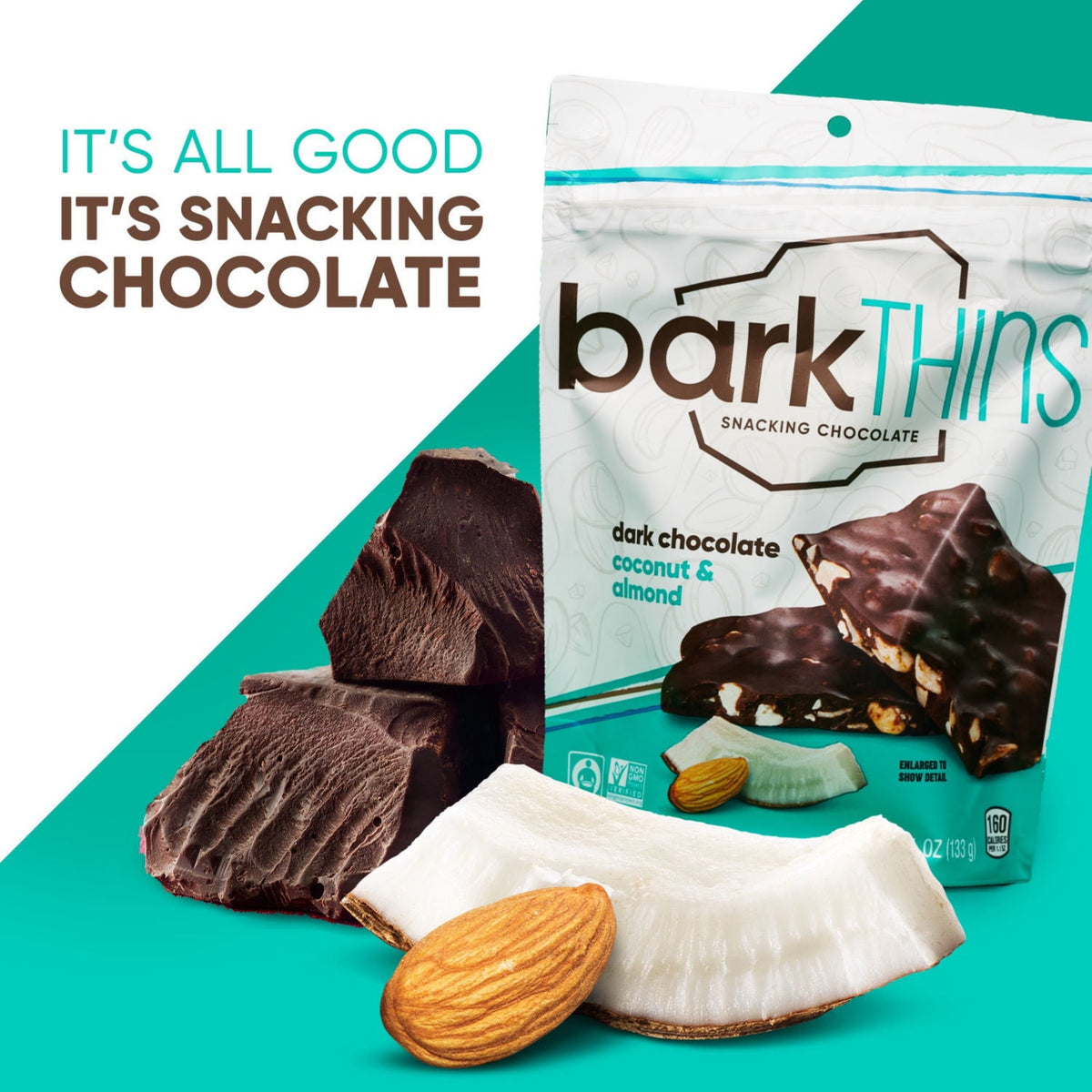barkTHINS Dark Chocolate, Coconut and Almond Snacking Chocolate, Bag 4.7 oz