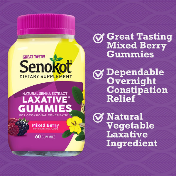 Senokot Dietary Supplement Laxative Gummies, Mixed Berry Flavor, 60 Count