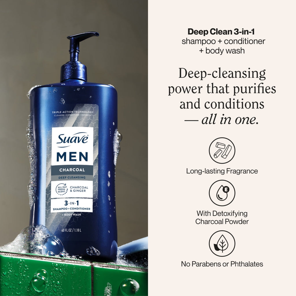 Suave Men Deep Cleansing 3-in-1 Shampoo, Conditioner & Body Wash with Charcoal, 40 FL OZ