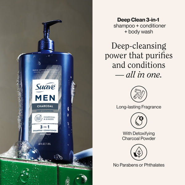 Suave Men Deep Cleansing 3-in-1 Shampoo, Conditioner & Body Wash with Charcoal, 40 FL OZ