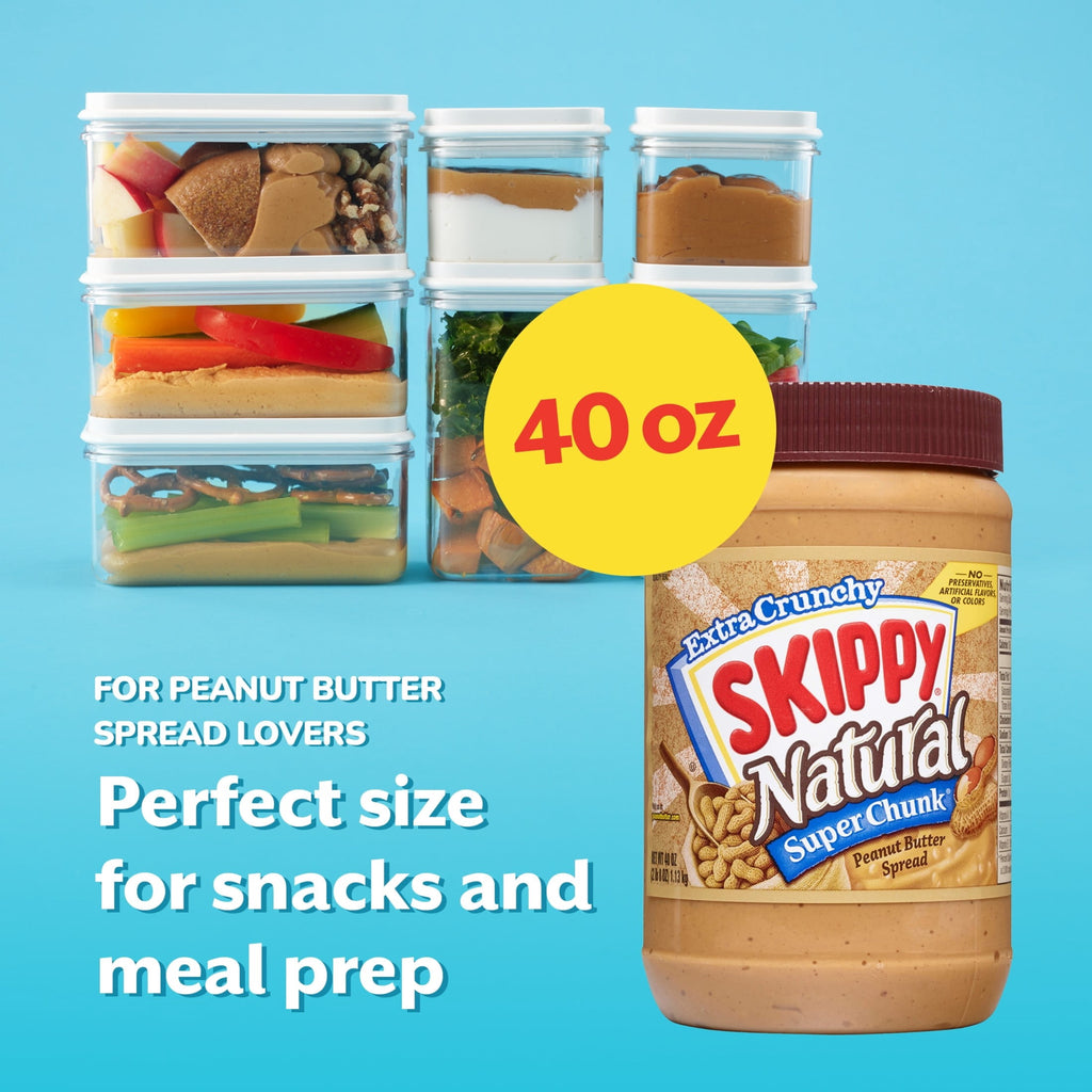 SKIPPY Natural SUPER CHUNK Peanut Butter Spread, Crunchy Peanut Pieces, 7g (7% DV) Protein, 40 oz Jar