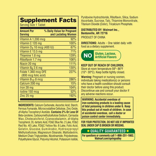 Spring Valley Prenatal Multivitamin/Multimineral for Pregnant and Nursing Women Dietary Supplement Tablets, 100 Count