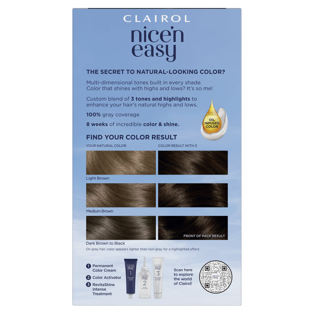 Clairol Nice'n Easy Permanent Hair Color Cream, 3 Brown Black, Hair Dye, 1 Application