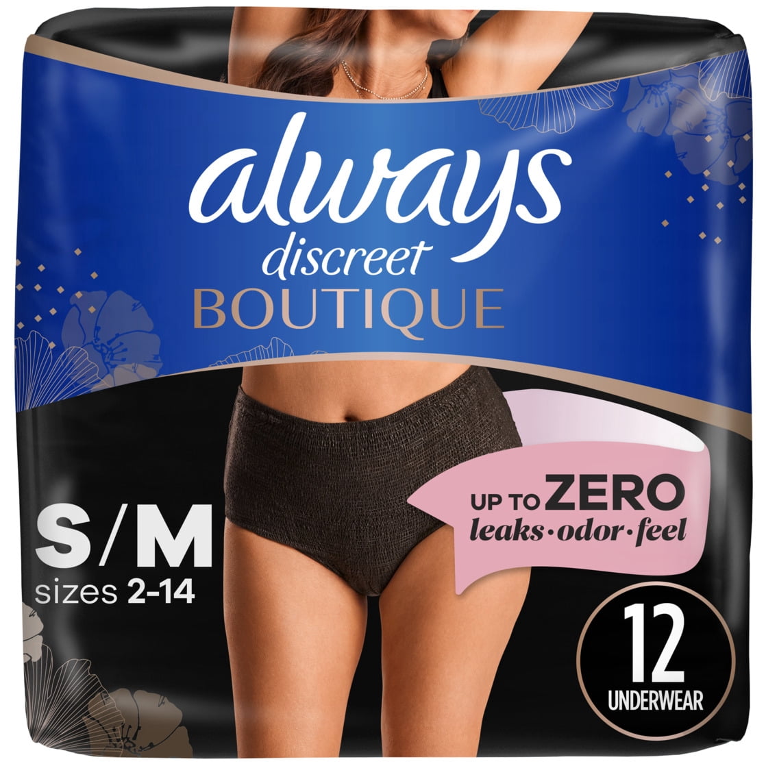 Always Discreet Boutique Incontinence Underwear, Maximum Protection, S/m, Black, 12 Count