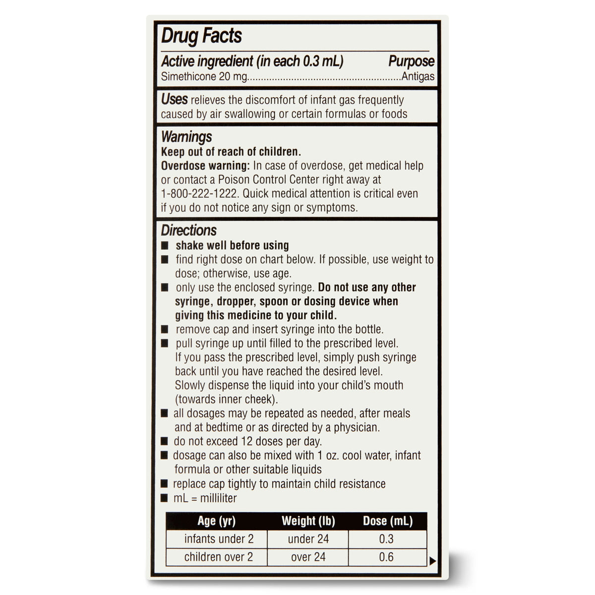 Parent's Choice Infant Gas Relief Drops, Simethicone 20mg, 1 Fl oz