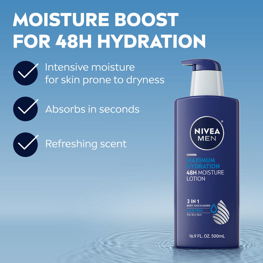 NIVEA MEN Maximum Hydration 3-in-1 Body Lotion, 48-Hour Moisturizer, 16.9 fl oz