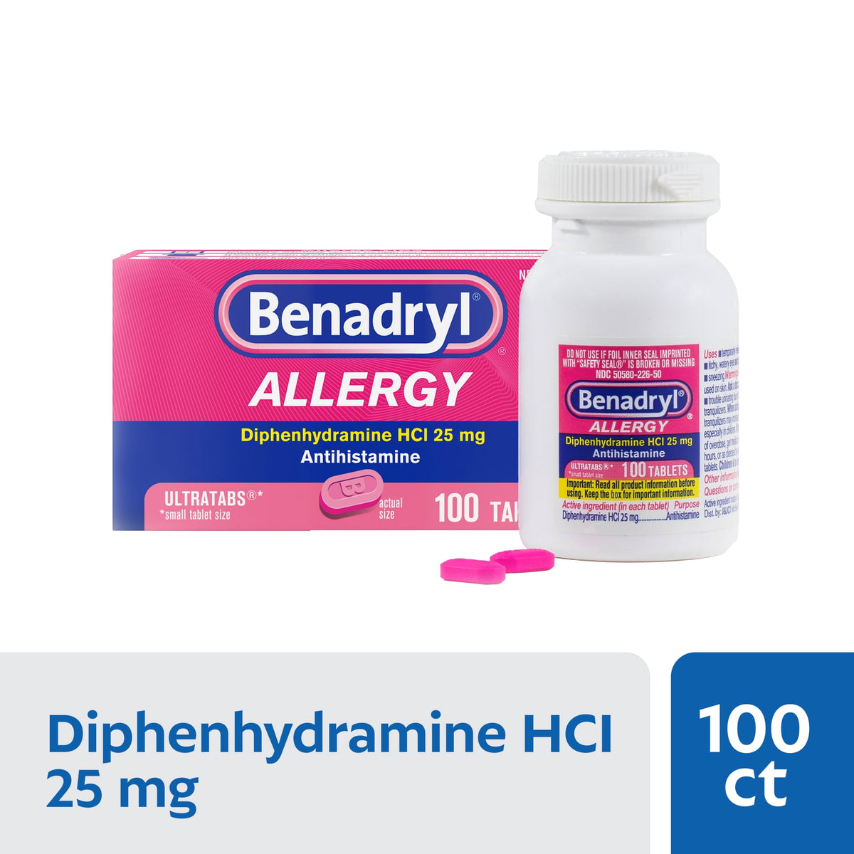 Benadryl Allergy Medicine for Adults, Ultratablets, 25 mg Diphenhydramine HCl, 100 Count Size