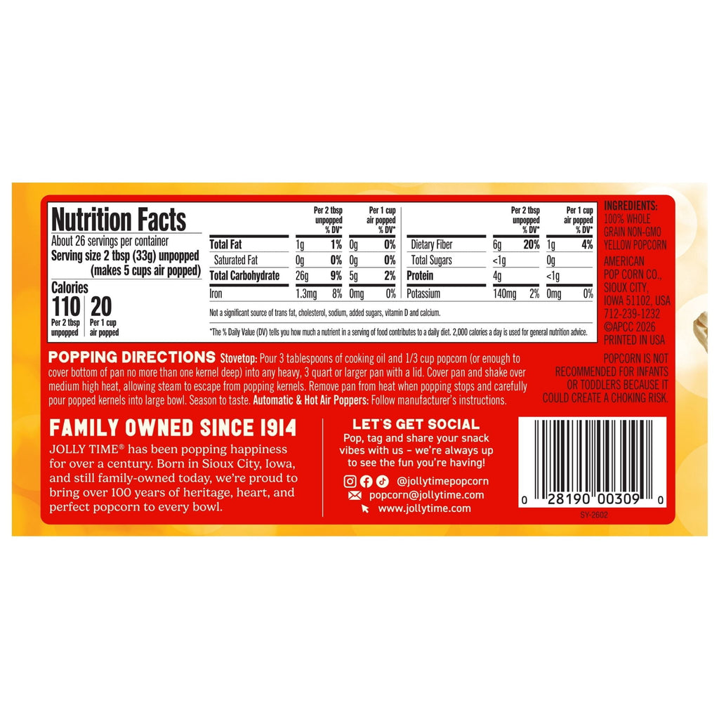 JOLLY TIME Select Premium Yellow Popcorn Kernels 30 oz. Gluten-Free, non-GMO, and Whole-Grain. Natural Popcorn Kernels
