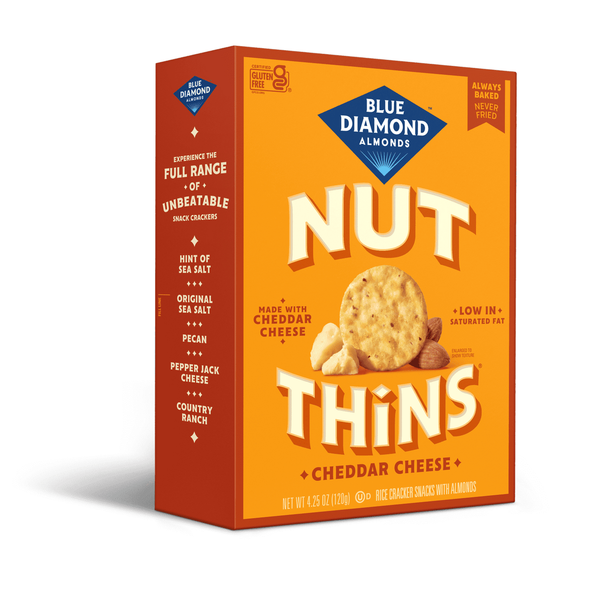 Blue Diamond Almonds Nut-Thins, Cheddar Cheese, Snack Crackers, Gluten-Free, 4.25oz Cardboard Box