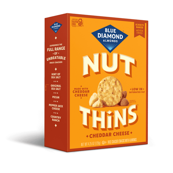Blue Diamond Almonds Nut-Thins, Cheddar Cheese, Snack Crackers, Gluten-Free, 4.25oz Cardboard Box