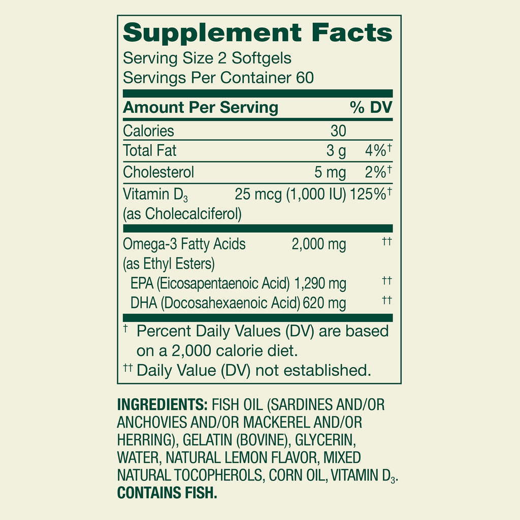 Spring Valley Maximum Care Omega-3 from Fish Oil Dietary Supplement Softgels for Eye Brain Bone & Heart Health, 2000 mg, 120 Count