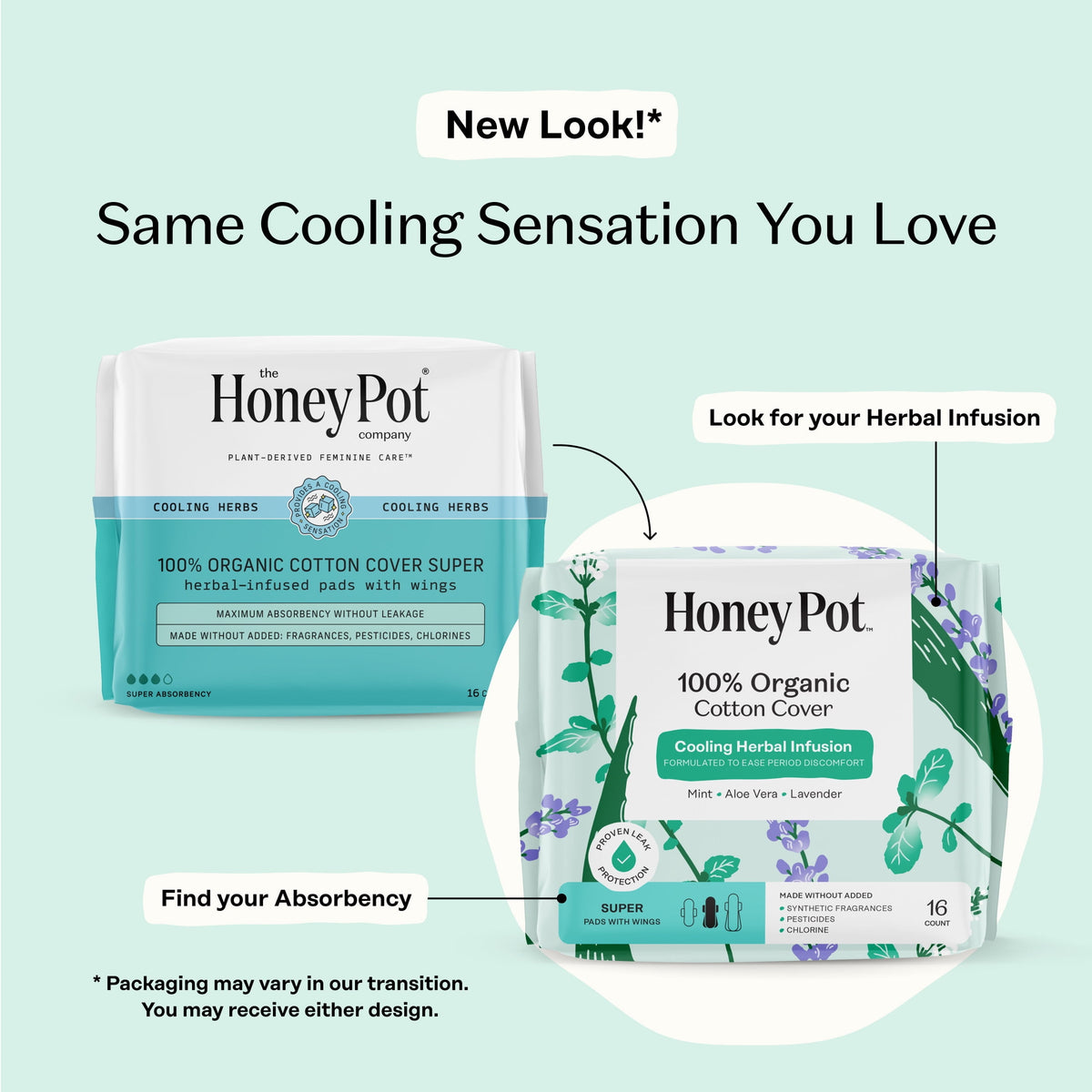 Honey Pot 100% Organic Cotton Cover Cooling Herbal Infusion Super Pads, 16 Count