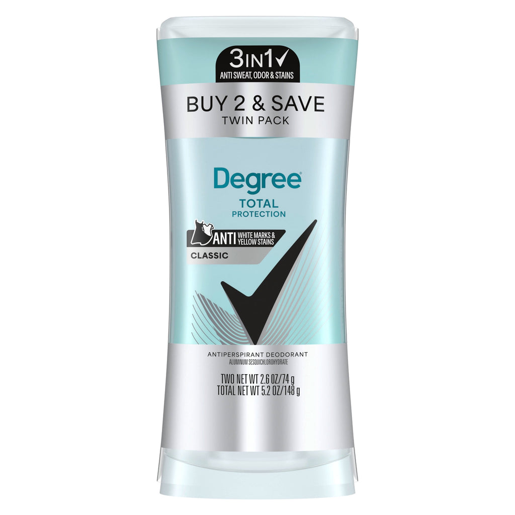 Degree 3in1 Total Protection Antiperspirant Deodorant for Women Anti Sweat, Odor and Stains Classic 72-Hour Sweat & Odor Protection, 2.6 oz Twin Pack