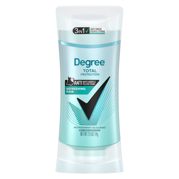 Degree 3in1 Total Protection Antiperspirant Deodorant for Women Anti Sweat, Odor and Stains Refreshing Rain 72-hour Sweat and Odor Protection, 2.6 oz