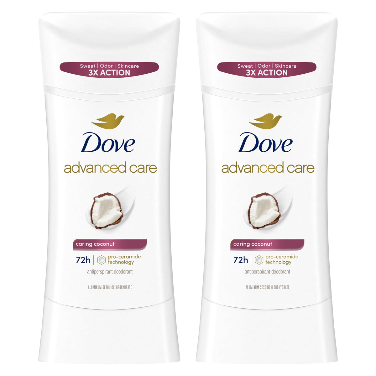 Dove Advanced Care Antiperspirant Deodorant for Women Caring Coconut 72 hour sweat and odor protection, 2.6 oz Twin Pack