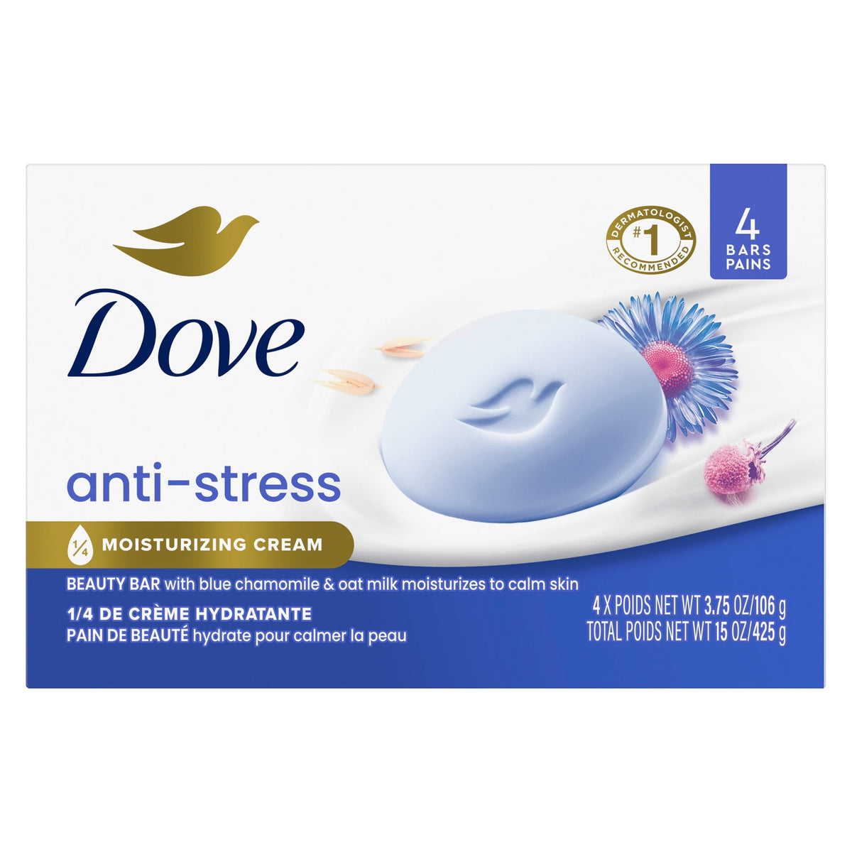 Dove Beauty Bar Soap For Relaxed Skin, Anti-Stress Blue Chamomile & Oat Milk, Calms dry Skin, 3.75 oz 4 Count