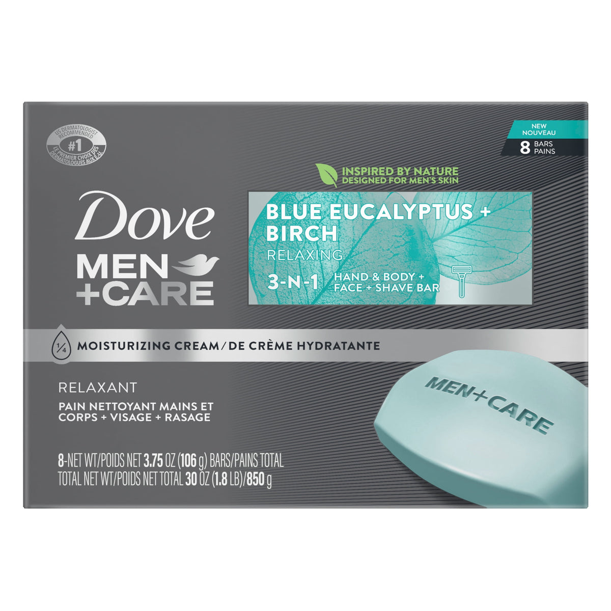 Dove Men+Care Bar 3 In 1 Cleanser For Body, Face, And Shaving For Fresh, Healthy-Feeling Skin Blue Eucalyptus Body And Facial Cleanser More