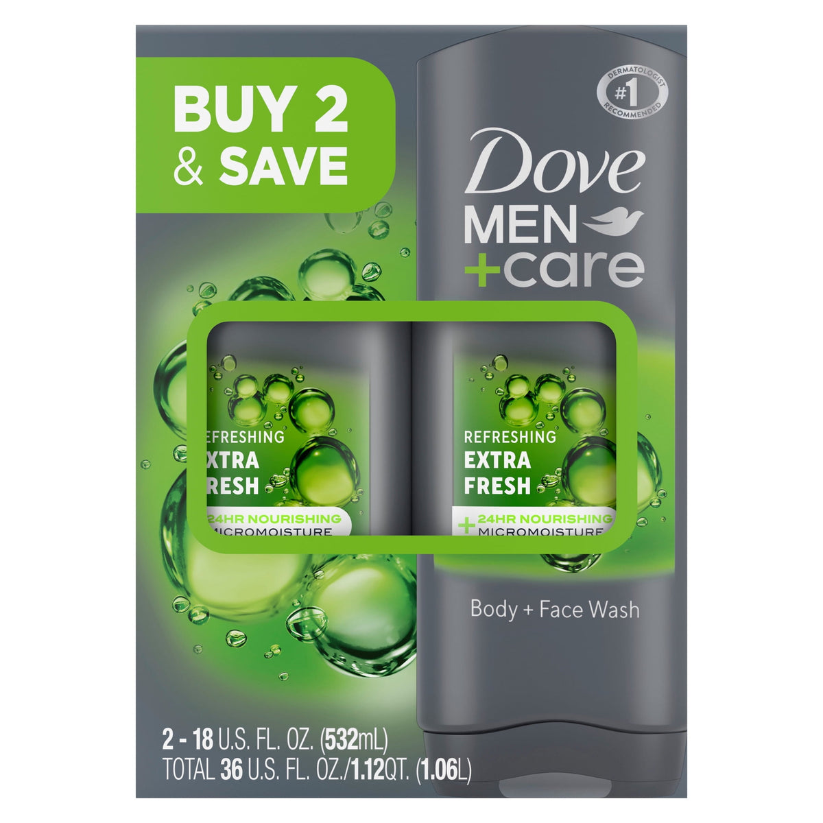 Dove Men+Care Body Wash for Men's Skin Care Extra Fresh Effectively Washes Away Bacteria While Nourishing Your Skin, 18 fl oz, 2 Count