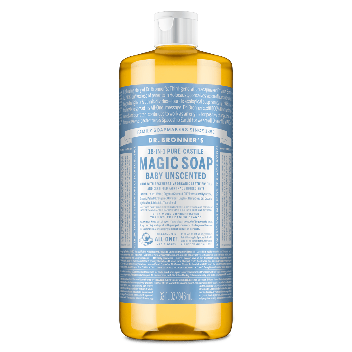 Dr.Bronner's Magic Soap, Baby Unscented, Pure-Castile Body Wash Liquid Soap, 32 fl oz