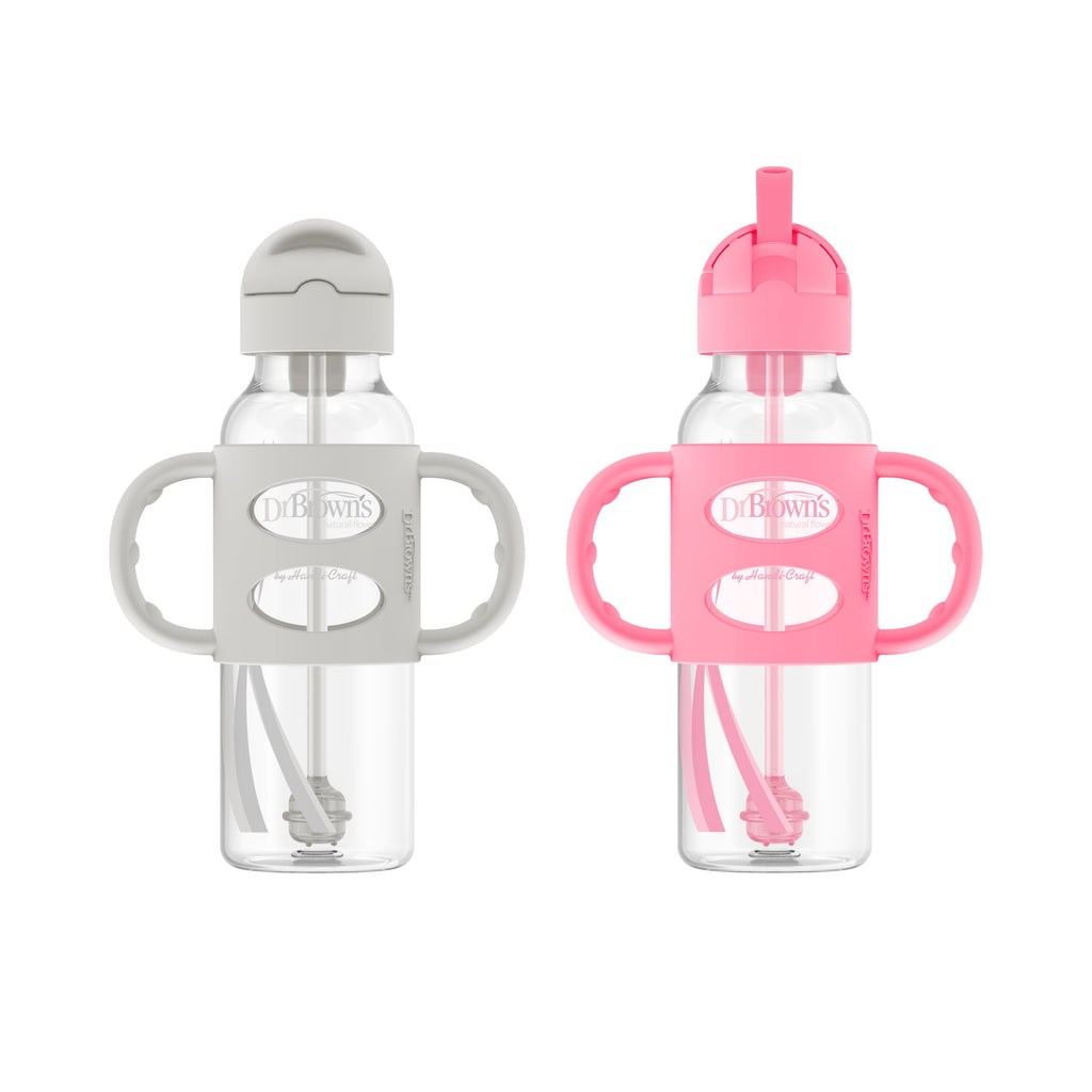 Dr. Brown's Milestones Narrow Sippy Straw Bottle, 100% Silicone Handles, 8oz, Pink/Gray, 2 Pack