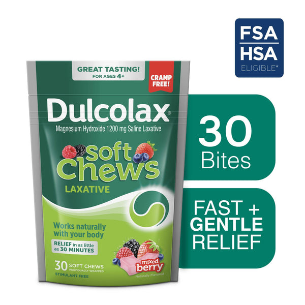 Dulcolax Soft Chews Saline Laxative Mixed Berry (30ct) Gentle Constipation Relief, Magnesium Hydroxide 1200mg