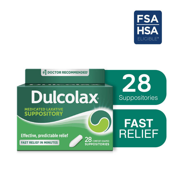 Dulcolax Stimulant Laxative Medicated Suppositories, Predictable & Effective Constipation Relief, Bisacodyl 10 mg, 28 Count