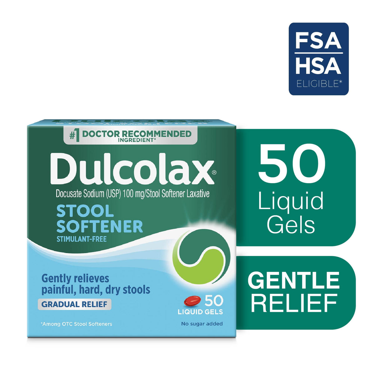 Dulcolax Stool Softener Laxative Liquid Gel Capsules, Gentle Constipation Relief for Hard, Dry Stools, Docusate Sodium 100 mg, 50 Count