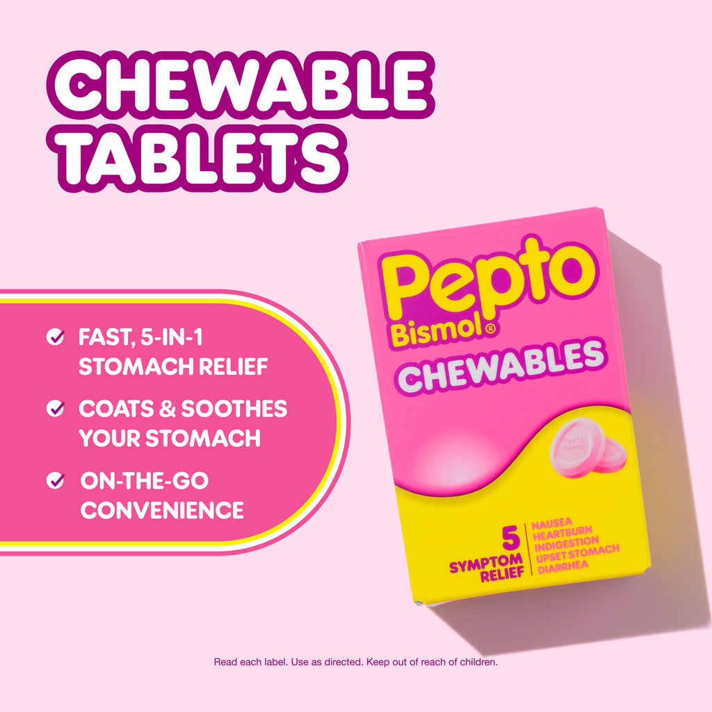 Pepto Bismol Chewable Tablets, Upset Stomach and Anti Diarrheal Relief, 30 Count
