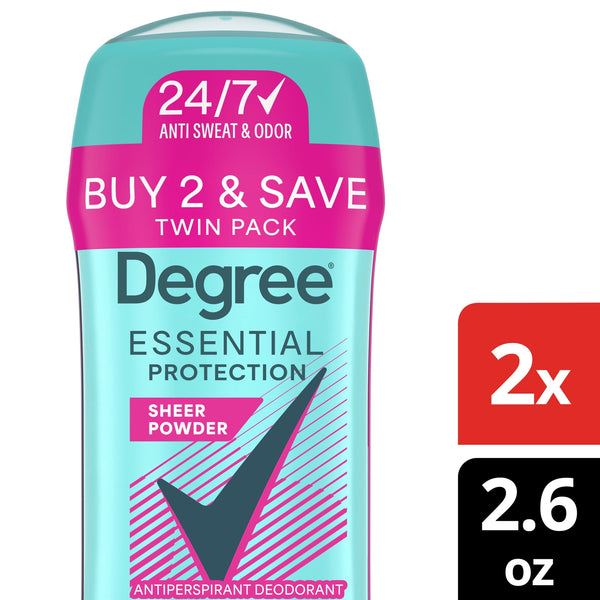 Degree Essentials Antiperspirant Deodorant for Women Sweat and Odor Protection Sheer Powder 24/7 Anti Sweat and Odor, 2.6 oz Twin Pack