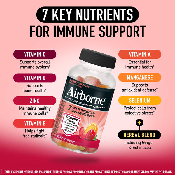 Airborne 750mg Vitamin C Immune Support Gummies, Multivitamin Supplement, Assorted Fruit Flavor, 21 ct