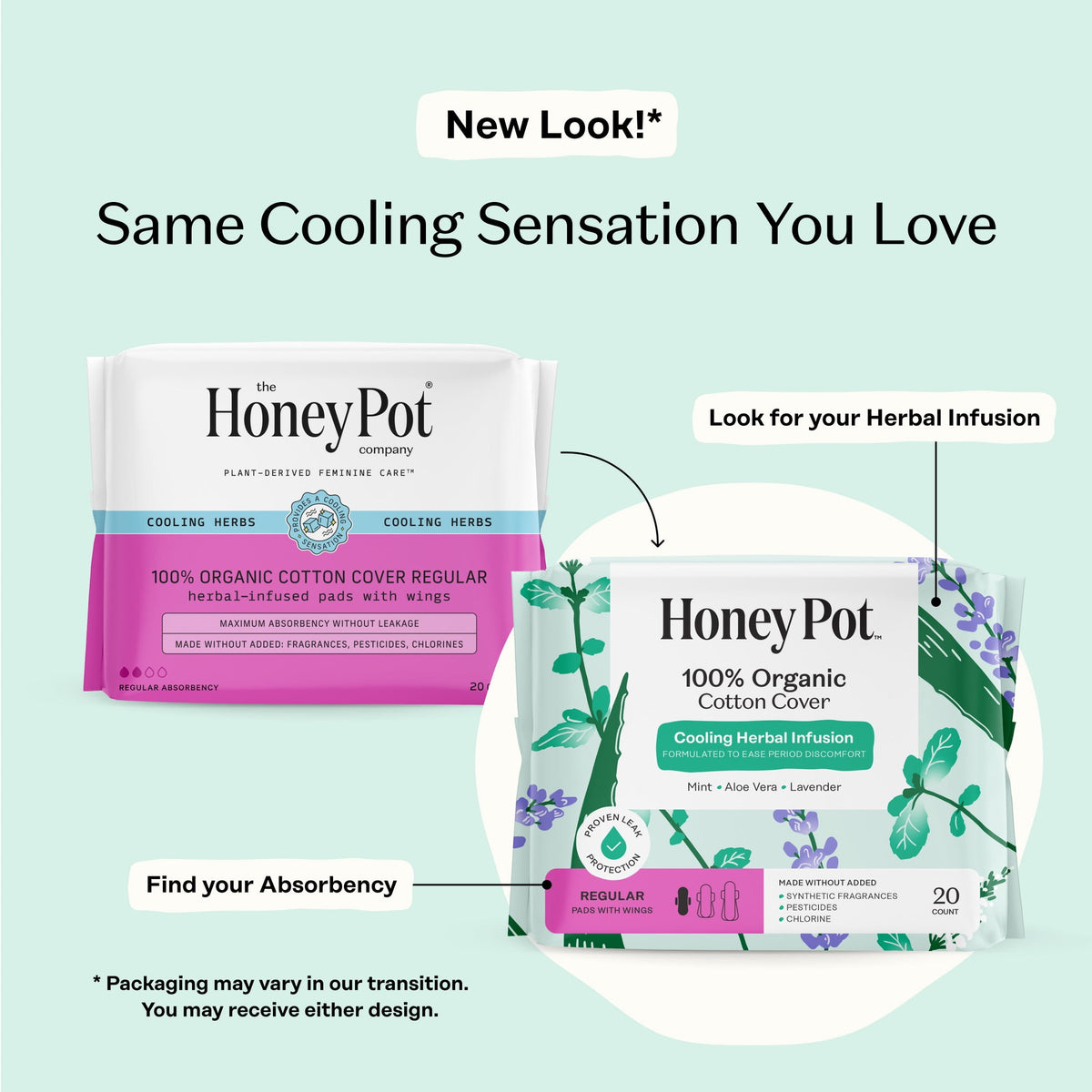 Honey Pot 100% Organic Cotton Cover Cooling Herbal Infusion Regular Pads, 20 Count