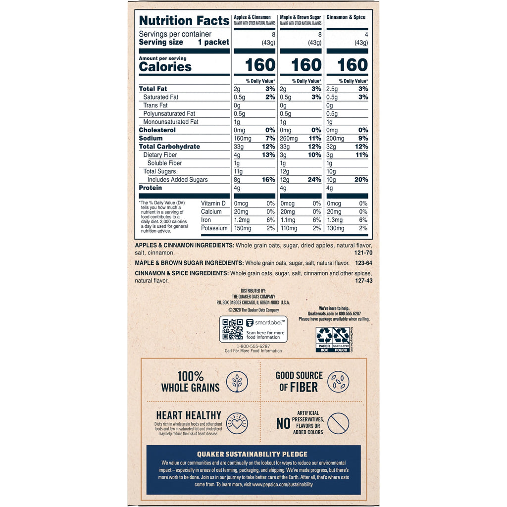 Quaker Instant Oatmeal, Flavor Variety Value Pack, 20 Packets (8 Apples & Cinnamon, 8 Maple & Brown Sugar, 4 Cinnamon Spice)