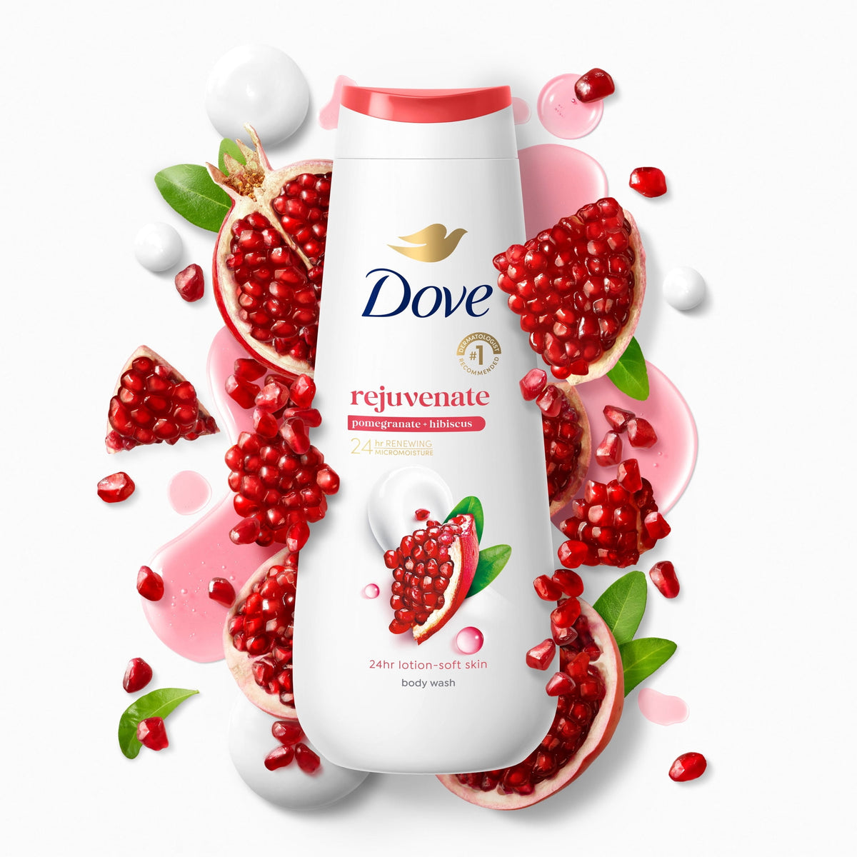 Dove Body Wash with Pump for 24hr Lotion-Soft Skin Rejuvenating Pomegranate & Hibiscus Moisturizing Skin Cleanser with No Sulfates No Parabens