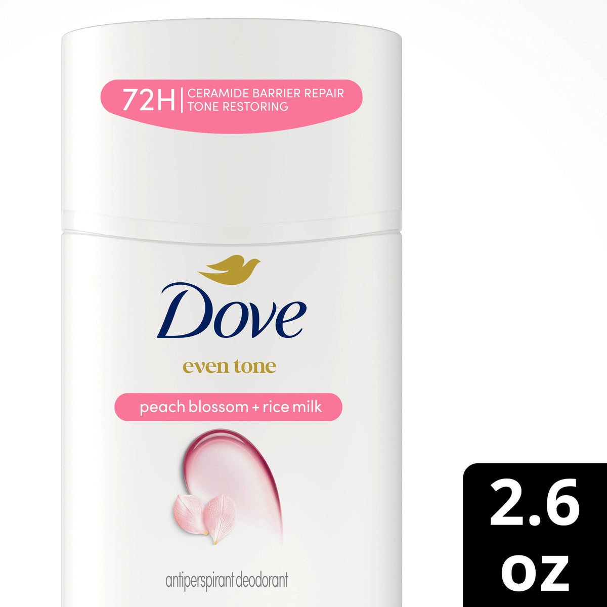 Dove Antiperspirant Deodorant Stick Peach Blossom & Rice Milk For Uneven Skin Tone 48-hour Odor and Sweat Protection, 2.6 oz