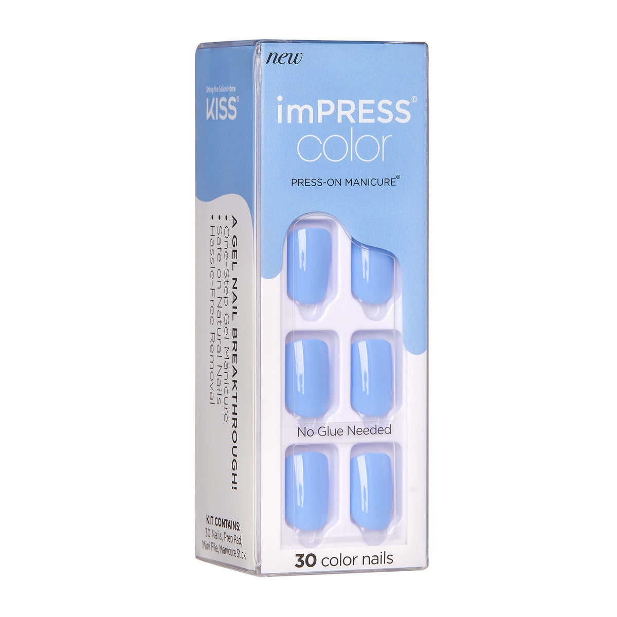Impress Color Press On Nails, No Glue Needed, Solid Blue, Short Squoval, 30 Ct.