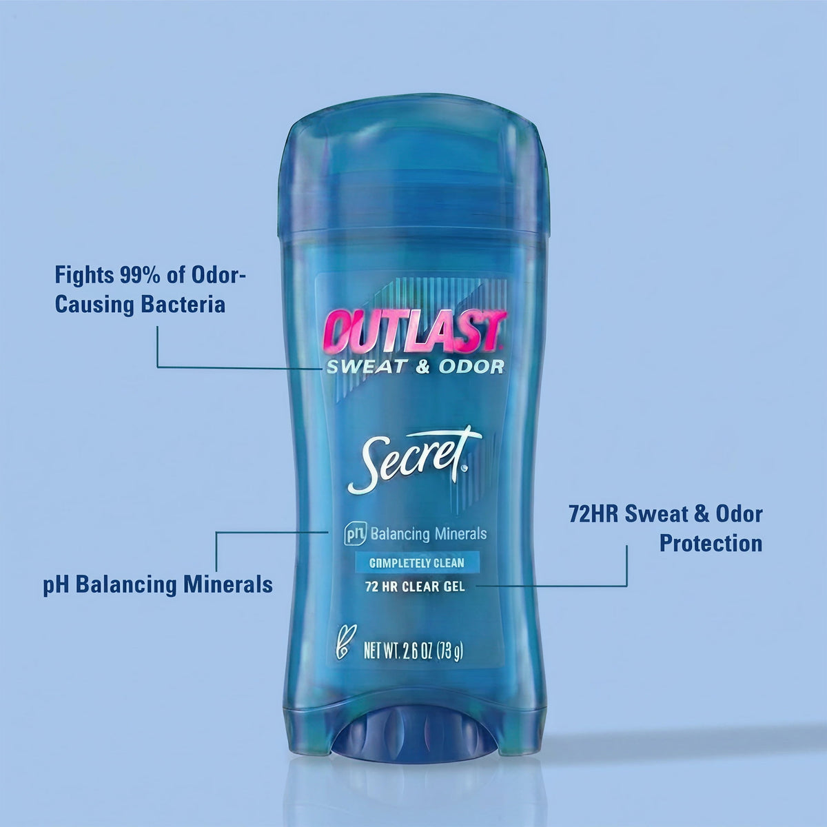 Secret Outlast Antiperspirant Deodorant for Women, Clear Gel, Completely Clean, 2.6 oz Each, Twin Pack
