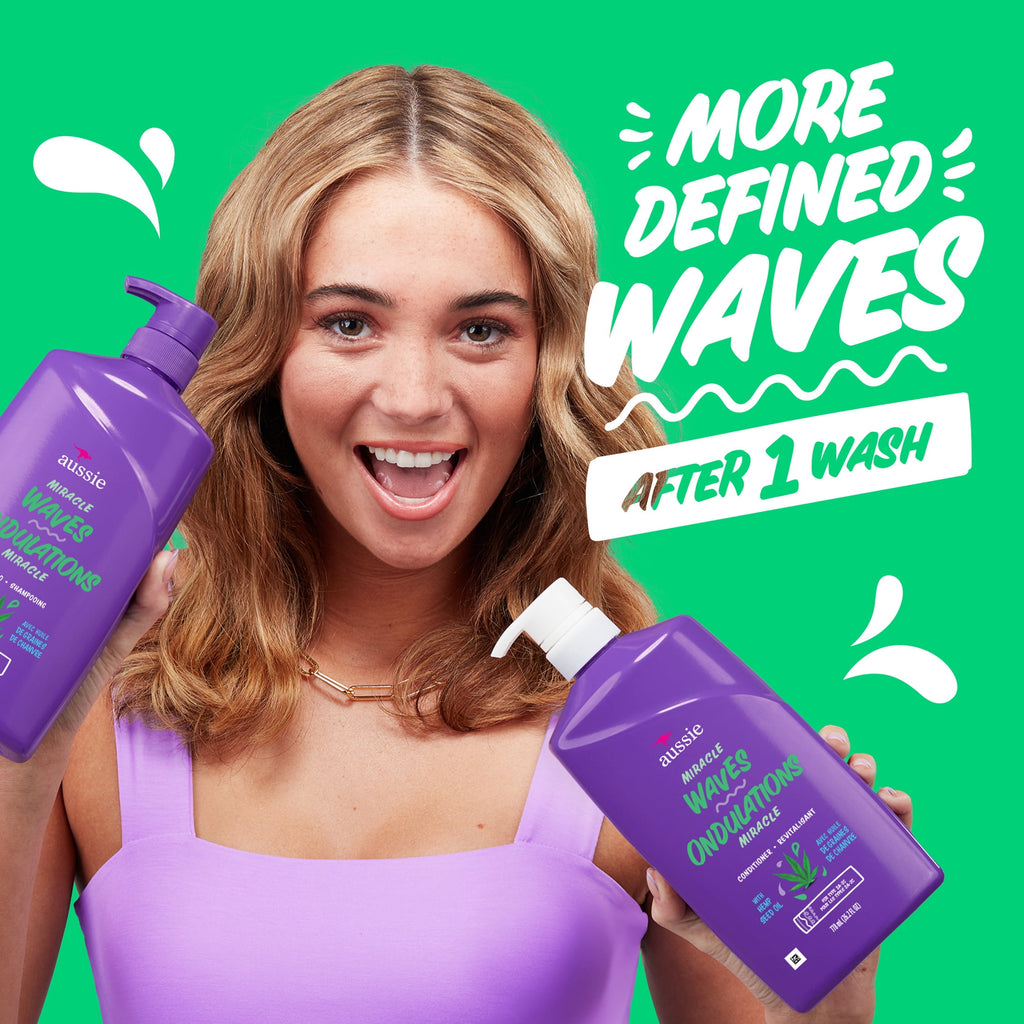 Aussie Miracle Waves Anti-Frizz Hemp Paraben-Free Shampoo, 26.2 fl oz for All Hair Types
