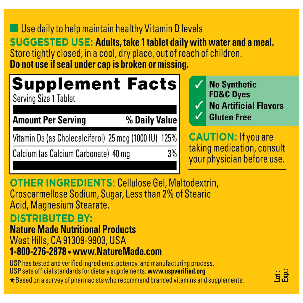 Nature Made Vitamin D3 1000 IU (25 mcg) Tablets, Vitamin D Dietary Supplement, 350 Count