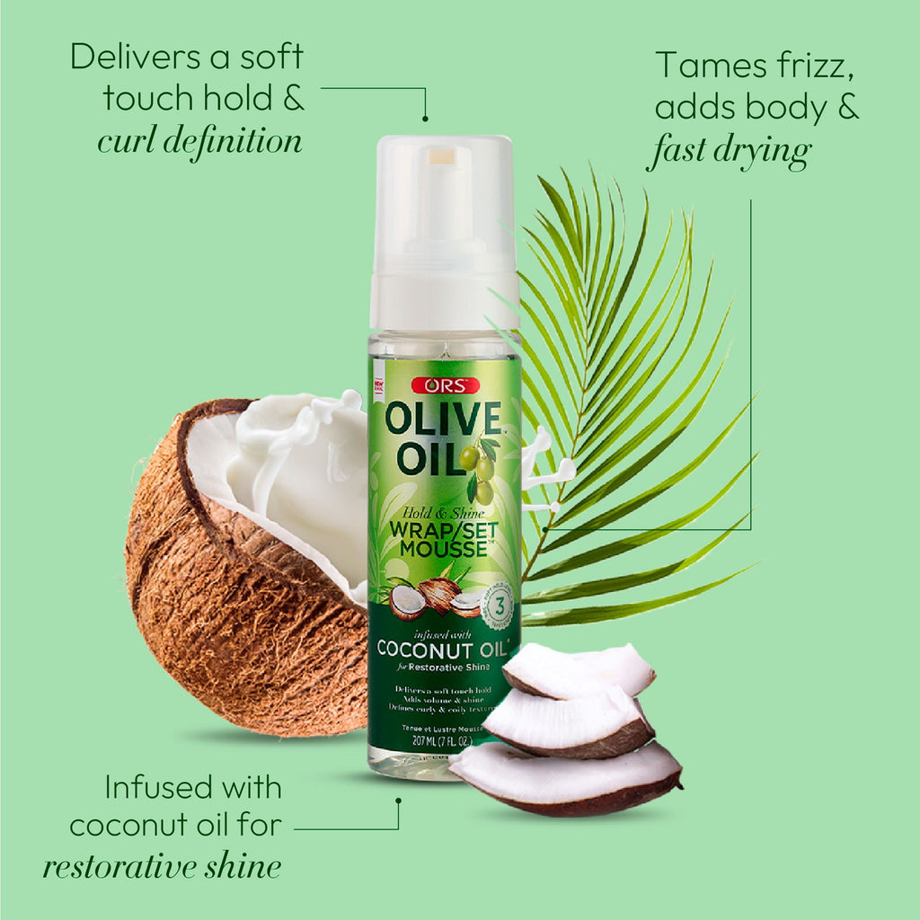 ORS Olive Oil Wrap/Set Mousse 7oz, All Hair Types, Defines, Soft Hold, Women, Shine Enhancing