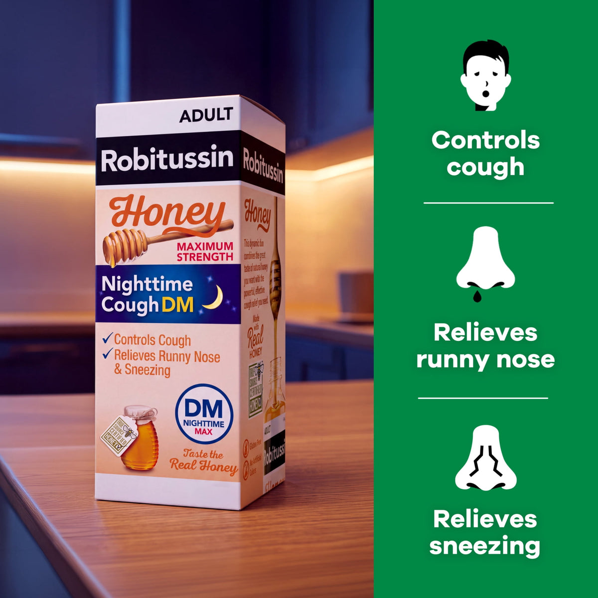 Robitussin Max Strength Cough Congestion DM and Cold Medicine for Nighttime Relief, Honey, 4 Fl Oz, 2 Pack