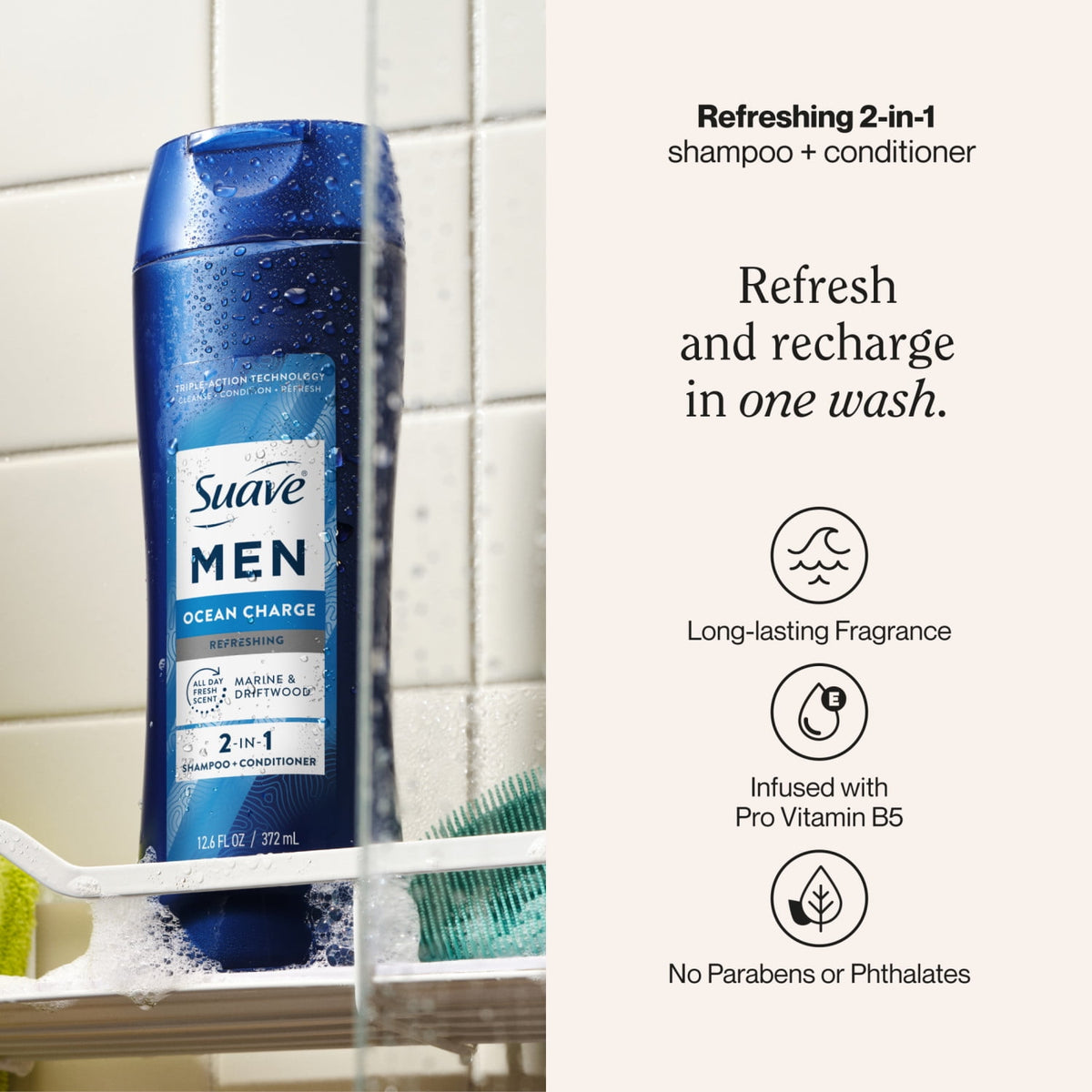 Suave Men Ocean Charge 2-in-1 Refreshing Shampoo & Conditioner with Pro Vitamin B5, 12.6 FL OZ