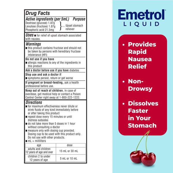Emetrol Nausea and Upset Stomach Relief Liquid Medication, Cherry Flavor, 4 oz