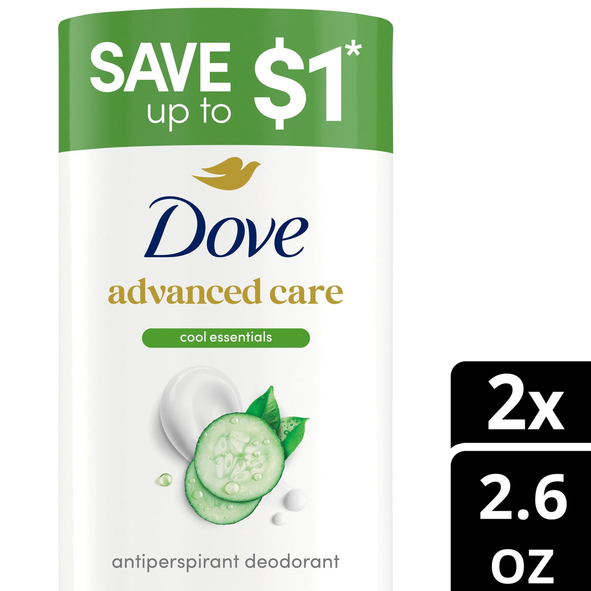 Dove Advanced Care Antiperspirant Deodorant Stick for 72-Hour Odor Protection Cool Essentials Pro-Ceramide Technology, 2.6 oz Twin Pack