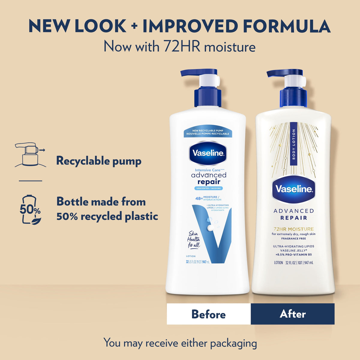 Vaseline Intensive Care Body Lotion for Dry Skin Advanced Repair Unscented Lotion Made with Ultra-Hydrating Lipids + Vaseline Jelly to Repair