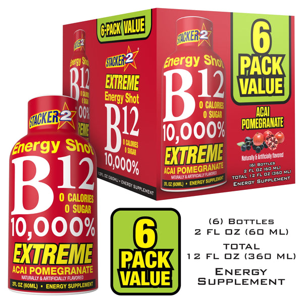 Stacker 2 B12 10,000% Energy Shot Acai Pomegranate, 2 fl oz, 6 count