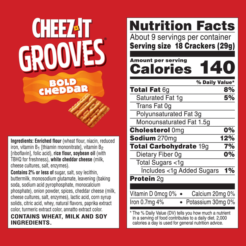 Cheez-It Grooves Bold Cheddar Cheese Crackers, Crunchy Snack Crackers, 9 oz